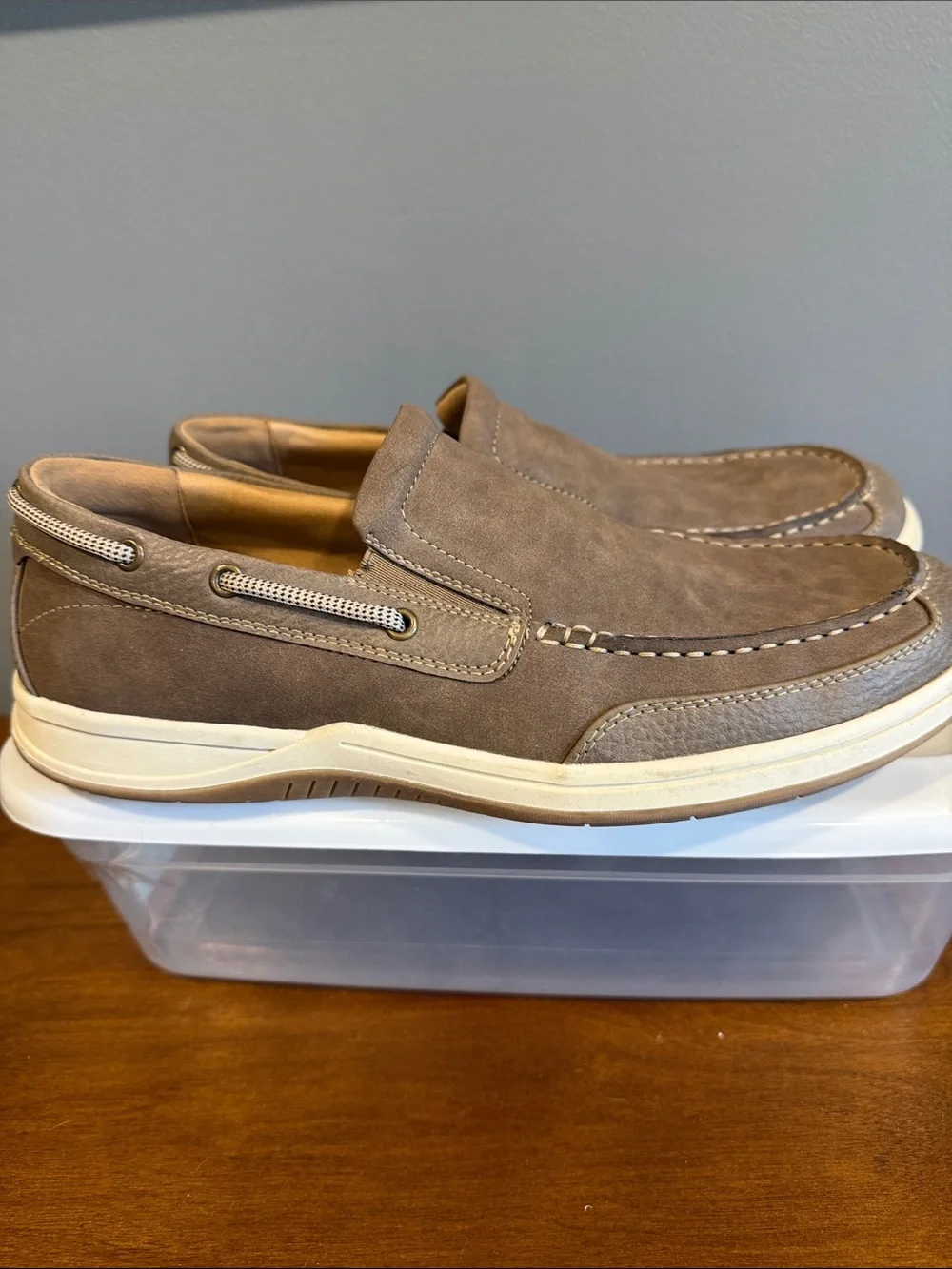 Crown Vintage Pemberly Taupe Slip-On Boat Shoes with White Sole